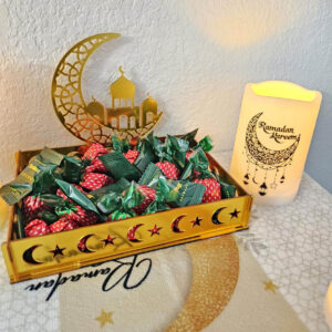 Gold Mirror Acrylic Ramadan Candy Tray, Detachable Crescent Mosque Topper Eid Snack Platter, Moon Star Cutout Islamic Table Serving Dish Factory OEM ODM Bulk