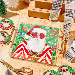 Square Clear Acrylic Serving Tray Double Gold Metal Handles, Custom Printed Holiday Santa Pattern Decorative Tray For Christmas Party Coffee Table Wholesale