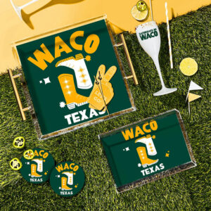 Square Clear Acrylic Serving Tray Double Gold Bar Handles, Full Custom UV Print Bottom Insert Western Cowboy Texas Waco Themed Decor Tray For Tailgate Party Wholesale