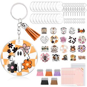 Complete DIY Halloween Acrylic Keychain Making Kit, Clear Round Blank Ornament Blanks Spooky Ghost Pumpkin Stickers Multi-Color Tassels Custom Logo Supply