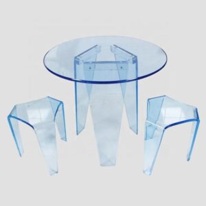 Tinted Clear Acrylic Round Accent Table Matching Two Small Stools, Stackable Space Saving Blue Transparent Table Stool Set For Apartment Cafe Custom Tint Bulk Supply