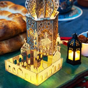 Gold Mirror Acrylic Ramadan Light Tray, LED Light Mosque Hollow Ramadan Serving Platter, Eid Mubarak Islamic Table Decor Tray OEM ODM Wholesale