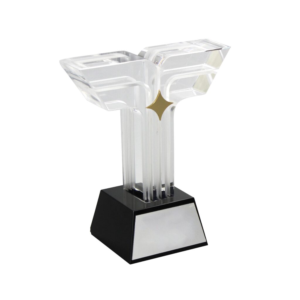 Y Shape Double Wing Clear Acrylic Trophy, Four-Pointed Gold Star Accent Freestanding Award Plaque, Custom Laser Engraved Rising Star New Talent Recognition Cup Factory Wholesale