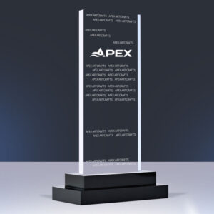 Vertical Rectangle Clear Crystal Award Plaque, Double Tier Step Black Base Freestanding Corporate Honor Trophy, Custom Deep Internal Laser Engraving Company Anniversary Long Service Commemorative Display Plate Factory Wholesale