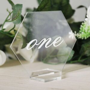 Hexagon Clear Acrylic Table Number Stand, Freestanding Wedding Party Table Sign, Custom Cursive Text Guest Seat Number Plaque For Banquet Event Factory Wholesale