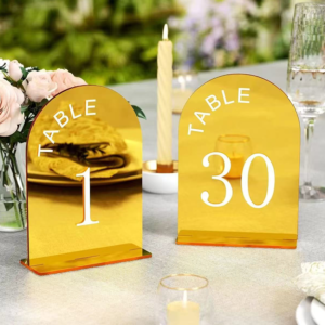 Curved Top Mirror Gold Table Number Plaque, Reusable Table Marker for Wedding Reception, Birthday Party, Cafe Banquet, Custom Logo Multi-color Table Tent Bulk Supply