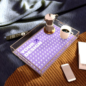 Clear Acrylic Serving Tray With Custom Print Insert Base, Side Cutout Handles, Reusable Customizable Pattern Decor Vanity Coffee Tray For Home Wholesale