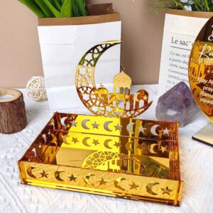 Ramadan Kareem Acrylic Serving Platter, Muslim Eid Holiday Snack Fruit Tray with Moon Castle Topper, Custom Logo Islamic Table Decor Tray Bulk Supply
