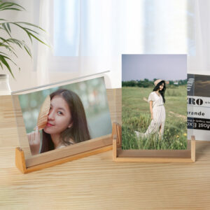Dual Side Clear Acrylic Photo Frame With Solid Wood U Stand, Removable Wooden Base Tabletop Picture Display For Wedding Family Portrait Custom Size Bulk Supply
