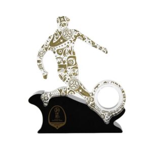 Soccer Player Silhouette Gold Printed Acrylic Trophy, Wave Black Base Freestanding Football Match Award Plaque, Custom Logo Text Sports Tournament Commemorative Cup Factory Wholesale