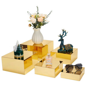 5Pcs Mirror Gold Stainless Steel Square Display Riser Set, Multi Height Reflective Tiered Stand For Jewelry Cosmetic Eyewear Boutique Table Decor