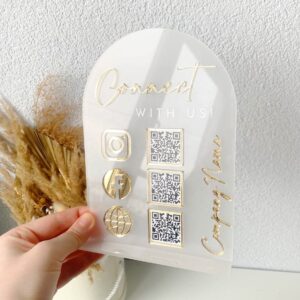 Custom Gold Engraved Arched Frosted Acrylic Social QR Code Table Sign, Multi Platform IG FB Web QR Display Stand for Salon Boutique Cafe Custom Logo Bulk Supply