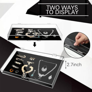 Hinged Clear Acrylic Jewelry Display Box, Black Velvet Liner Dustproof Jewelry Storage Case, Flip Lid Desktop Necklace Earring Ring Showcase For Boutique Shop Wholesale