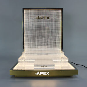 Warm LED Lighted Tiered Lucite Merchandise Display Pedestal, Gold Stainless Steel Frame Woven Textured Backboard Custom Brand Logo Offline Boutique Shooting Prop Bulk Supply