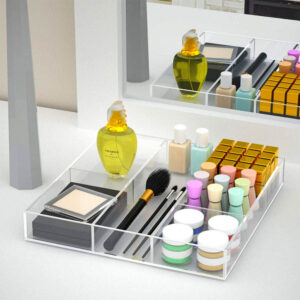 Divided Grid Clear Acrylic Vanity Makeup Storage Tray, Large Capacity Multi Section Skincare Lotion Cosmetic Organizer For Bathroom Bedroom Custom Logo Bulk Supply