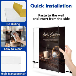 No Drill Wall Mount Side Slide Acrylic Poster Frame, Self-Adhesive Side Load Menu Display Holder, Clear Restaurant Sign Plaque Factory Bulk Wholesale