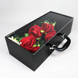 Black PU Leather Handle Flower Gift Box, Clear Acrylic Window Floral Arrangement Carry Case, Long Rectangle Bouquet Packaging Box Factory Wholesale