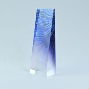 Gradient Blue Streamline Wave Bevel Acrylic Award Plaque, Vertical Trapezoid Freestanding Crystal Trophy, Custom Laser Engraved Business Innovation Commemorative Display Block Factory Wholesale