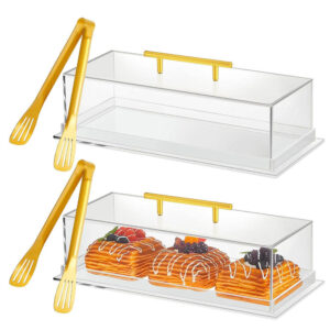 Clear Acrylic Pastry Display Box With Gold Metal Handle, Matching Gold Stainless Steel Serving Tongs, Dustproof Dessert Cake Storage Case For Bakery Café Wholesale