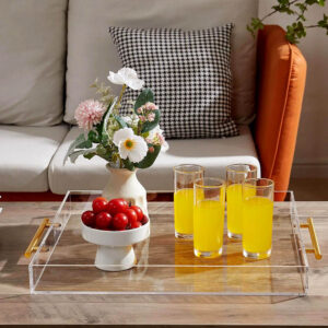 Oversized Rectangular Thick Clear Acrylic Serving Tray Dual Gold Bar Handles, Large Capacity Coffee Table Fruit Drink Floral Decor Vanity Tray For Living Room Wholesale
