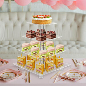 Clear 4 Tier Acrylic Dessert Display Stand, Stackable Round Cupcake Holder for Birthday Banquet Baby Shower Afternoon Tea Custom Logo Bulk Supply