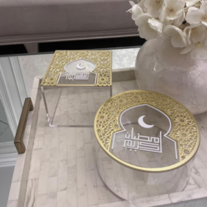 Ramadan Kareem Clear Acrylic Candy Box with Golden Lid, Laser Cut Islamic Pattern Dates Storage Jar for Muslim Holiday Table Decor, Custom Logo Eid Gift Container Bulk Supply