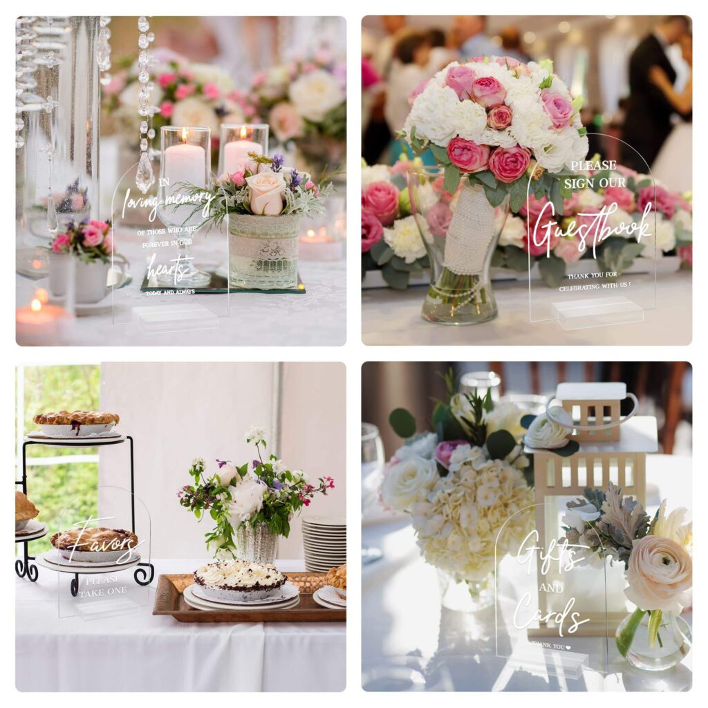 Arched Top Clear Acrylic Wedding Sign Set, Custom Printed Table Reception Guest Book Favors Gifts Memorial Signs, Freestanding Lucite Event Tabletop Plaque Factory Wholesale