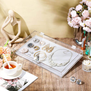 Stackable Locking Lucite Jewelry Display Tray With Grey Flocking Base, Dustproof Clear Acrylic Jewelry Storage Box For Fine Jewelry Shop Product Shooting Prop Bulk Supply