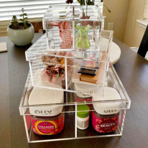 Stackable Multi Compartment Clear Acrylic Cosmetic Storage Organizer, Divided Lucite Makeup Drawer Tray, Dustproof Skincare Vitamin Bottle Desktop Storage Box For Beauty Boutique Wholesale