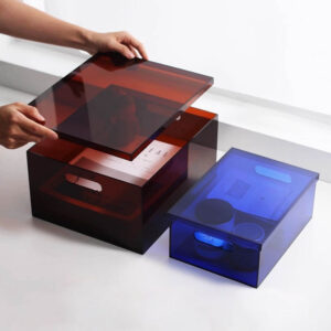 Smoky Amber / Cobalt Blue Tinted Acrylic Storage Bin With Removable Lid, Heavy Duty Translucent Desk Organizer For Cosmetic Document Shooting Prop Bulk Supply