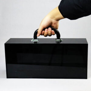 Glossy Black Solid Acrylic Gift Box With PU Leather Handle, Luxury Portable Jewelry Cosmetic Storage Case, Long Rectangle Premium Display Carry Box Factory Wholesale