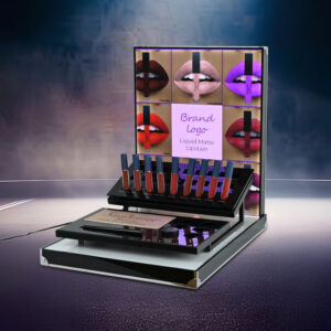 2-Tier Matte Black Metal LED Lighted Lip Gloss Display Rack, Custom UV Print Backlit Lip Makeup Poster Merchandise Stand For Mall Beauty Pop-Up Shooting Prop Bulk Supply